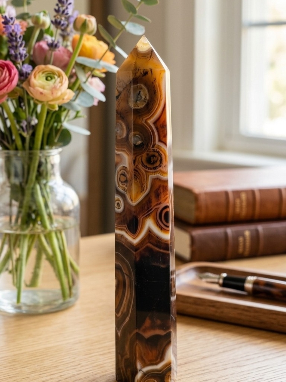 AAA 8" Sardonyx Swirling Agate Point Tower Detailed Art Crystal Decor Home Rare